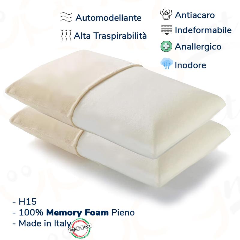 Coppia Cuscini 100% Pieno Memory Foam cotone anallergico H15cm Made in  Italy