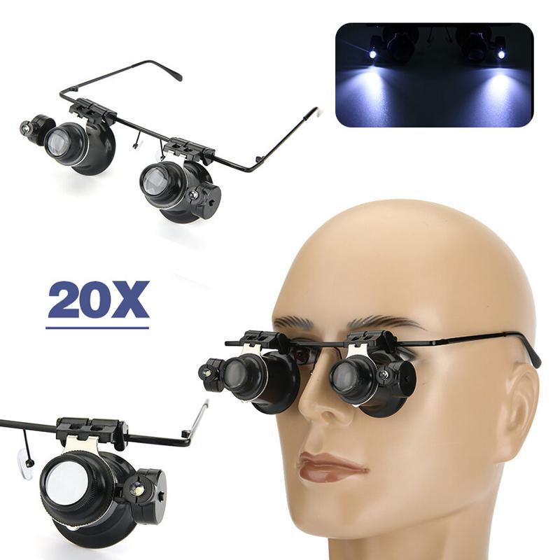 Occhiali lente ingrandimento 20 x zoom luce led 4 lenti oculari precisione